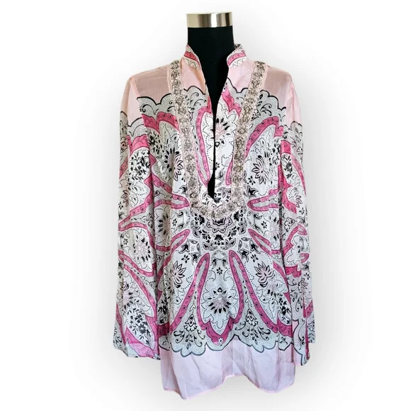 Allen B by Allen Schwartz Boho Silk Long Flare Sleeve Tunic Size L NWT - Picture 5 of 11